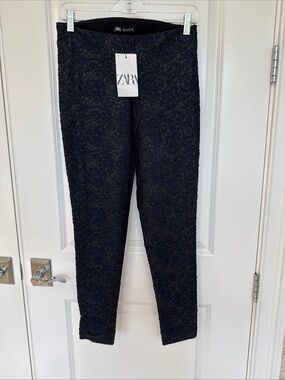 Zara Black Textured Floral Lace Pants